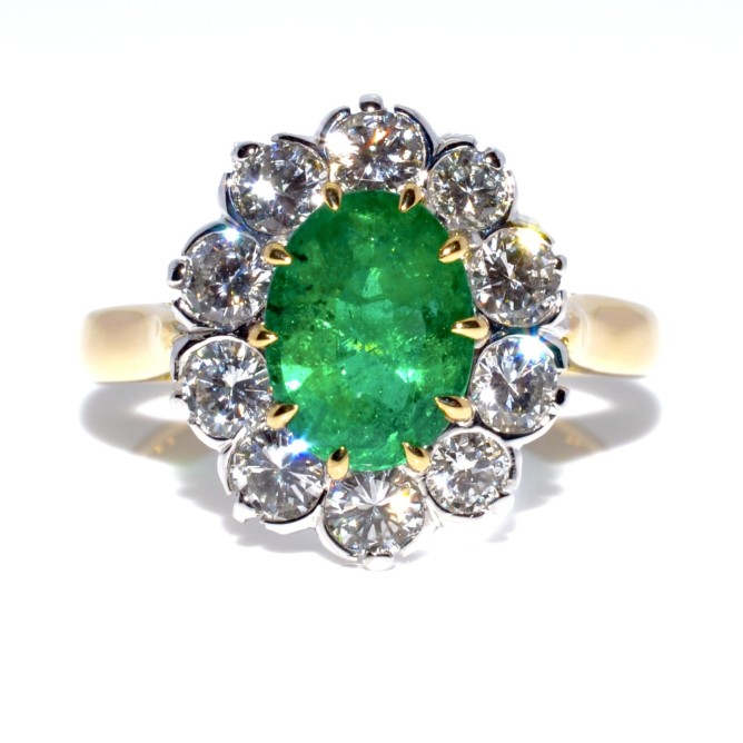 Bague Pompadour Art Déco - Or 18k, Pierre Verte Synthétique Et Diamants 0.75ct - Années 1950 - Taille 57