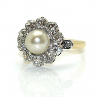 Antique jewelry - Pompadour Natural Pearl and Diamond Ring