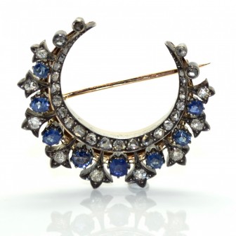 Antique jewelry - Diamond and Sapphire Crescent Moon Brooch