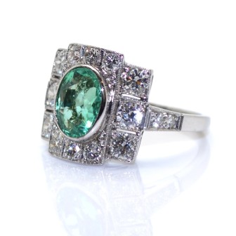 Engagement rings - Art Deco Emerald and Diamond Ring 
