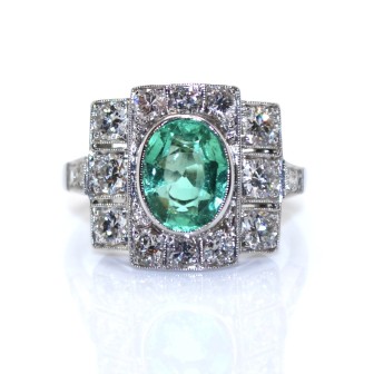 Engagement rings - Art Deco Emerald and Diamond Ring 