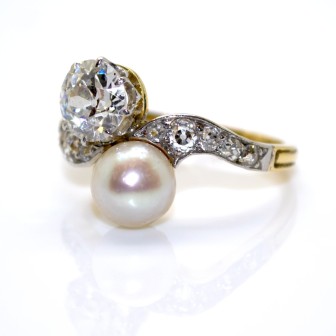 Engagement rings - Toi et Moi Diamond and Natural Pearl Ring