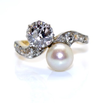 Engagement rings - Toi et Moi Diamond and Natural Pearl Ring