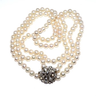 Antique jewelry - Double Strand Pearl and Diamond Necklace